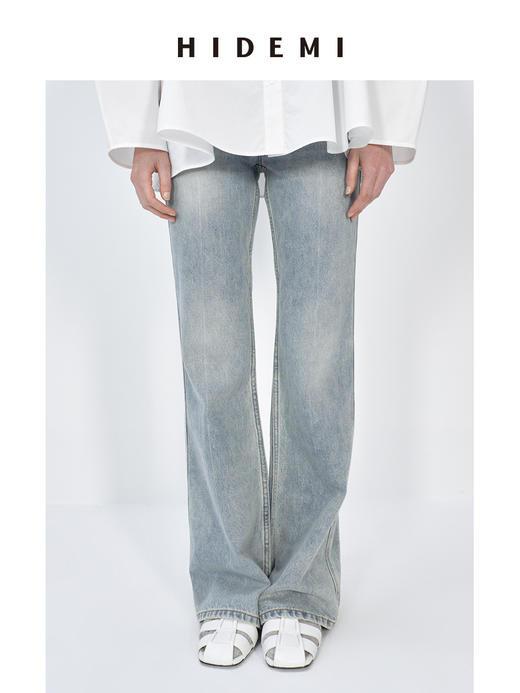 HIDEMI蓝色柔软做旧感多重水洗喇叭形宽松阔腿牛仔裤 商品图1
