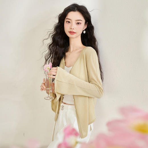 休闲天丝针织轻薄防晒衫女新款百搭外搭V领开衫外套V0440345 商品图3