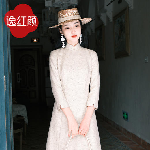 上海逸红颜南风2025春新款小香风新中式金丝混纺编织嵌边旗袍裙女 商品图0