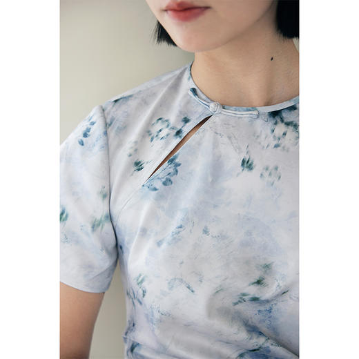 HeyDress新中式改良旗袍裙女夏季蓝色晕染印花收腰显瘦设计连衣裙 商品图2