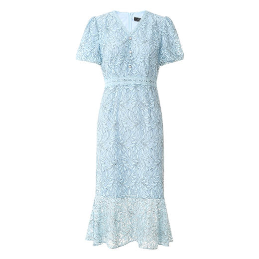 EITIE爱特爱时尚浪漫蓝色V领收腰鱼尾蕾丝修身连衣裙夏季新款B2407334 商品图5