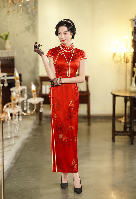 改良年轻款订婚礼服高考中考旗开得胜订珠盘扣印花旗袍裙 9522200043 商品图6