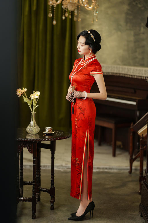 改良年轻款订婚礼服高考中考旗开得胜订珠盘扣印花旗袍裙 9522200043 商品图7