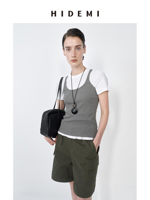 HIDEMI 极简大圆领弹力针织自然棉细肩带背心 商品图3