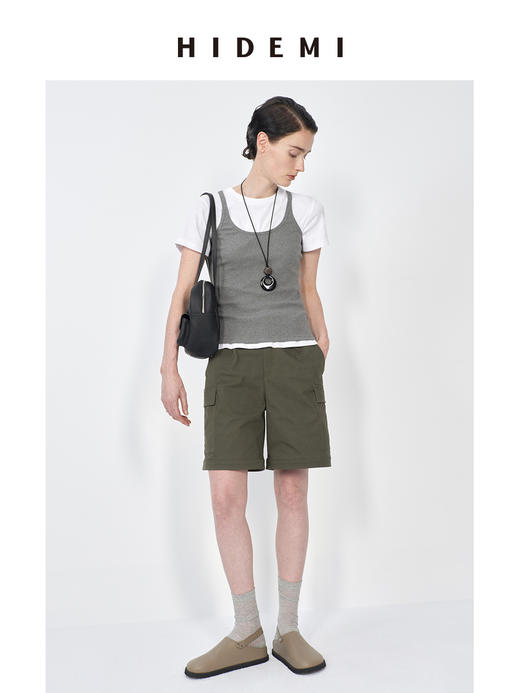 HIDEMI 极简大圆领弹力针织自然棉细肩带背心 商品图1