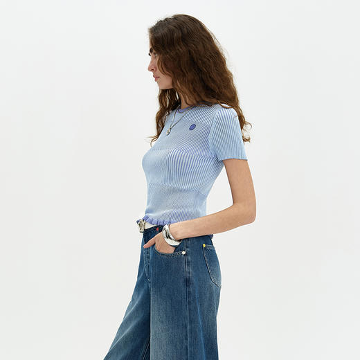 SELFWHO 30支双曲纱线针织衫女2024新款夏学院风修身显瘦短袖上衣 商品图3