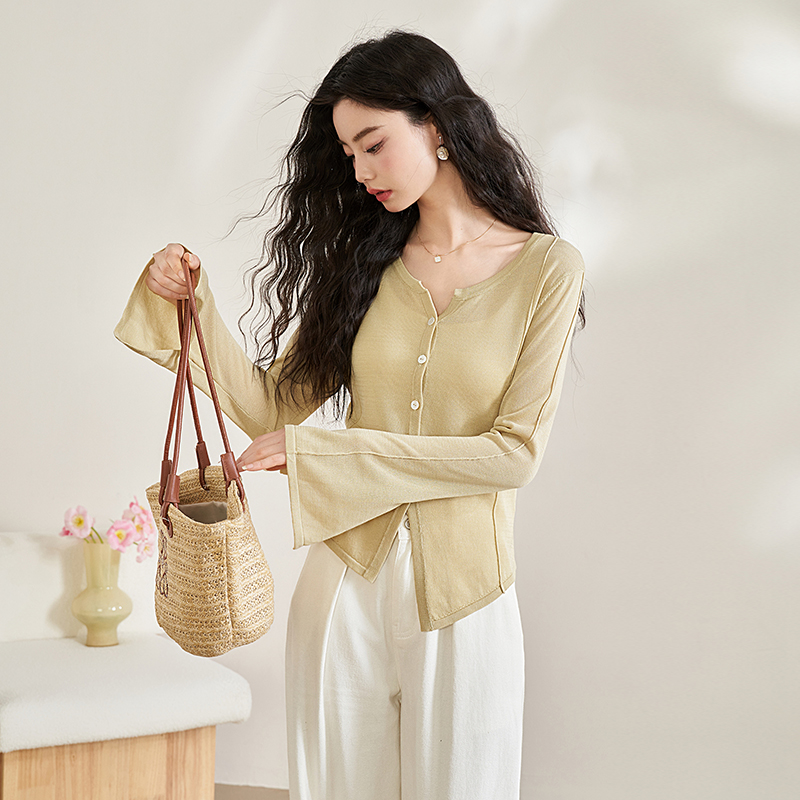 休闲天丝针织轻薄防晒衫女新款百搭外搭V领开衫外套V0440345