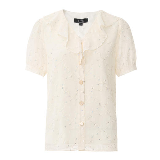 EITIE爱特爱时尚亮片V领荷叶边泡泡袖绣花雪纺衬衫上衣夏新款B2413310 商品图5