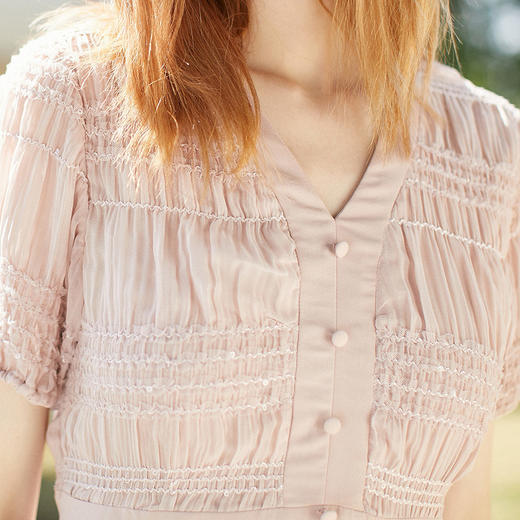 欧芮儿2020春装新款女装收腰显瘦连衣裙女中长款V领藕粉色女裙 商品图3