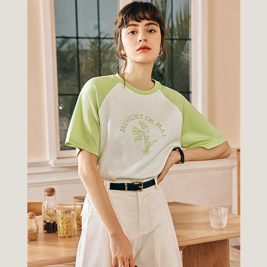 OLrain欧芮儿法式短袖T恤女夏季2024新款宽松刺绣撞色小清新上衣 商品图1