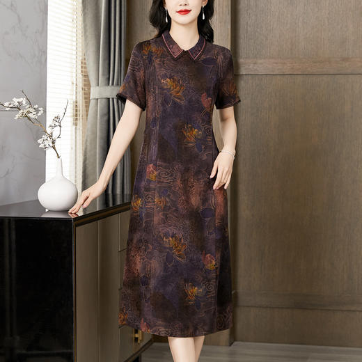 KQ-221607-40姆米重缎香云纱连衣裙子香云缎复古修身真丝桑蚕丝洋气品牌女装 商品图0