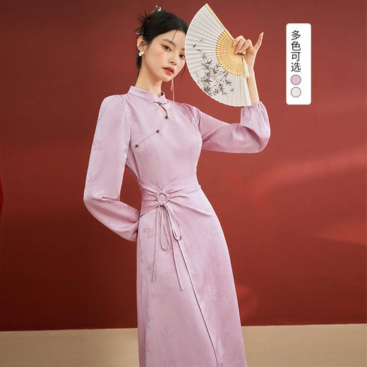 新中式国风长袖旗袍领连衣裙新款复古抽褶显瘦长裙V0340109 商品图0