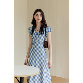 HeyDress格纹连衣裙女夏季法式V领系带收腰设计垂感田园气质裙子