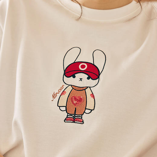 OLrain欧芮儿法式白色短袖T恤女夏季2024新款宽松重工珠片绣上衣 商品图2