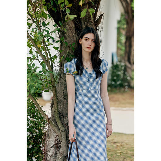 HeyDress格纹连衣裙女夏季法式V领系带收腰设计垂感田园气质裙子 商品图3