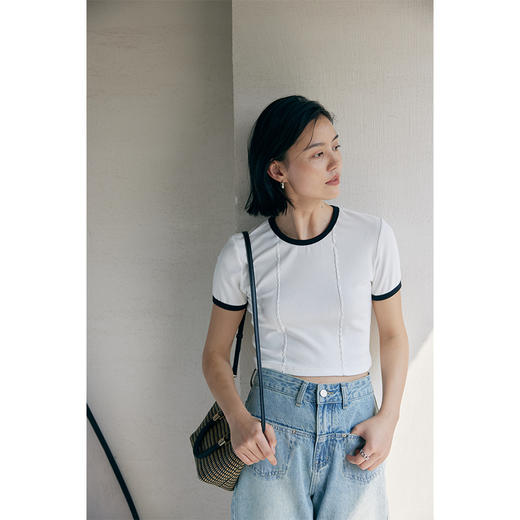 HeyDress撞色t恤女夏季圆领修身短款半袖麻花肌理设计感短袖上衣 商品图2