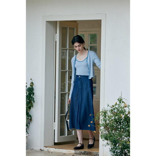 HeyDress蓝色条纹针织开衫女春夏法式撞色设计V领吊带背心两件套 商品图1