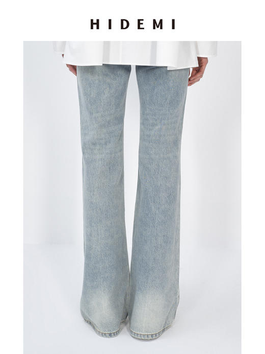 HIDEMI蓝色柔软做旧感多重水洗喇叭形宽松阔腿牛仔裤 商品图2