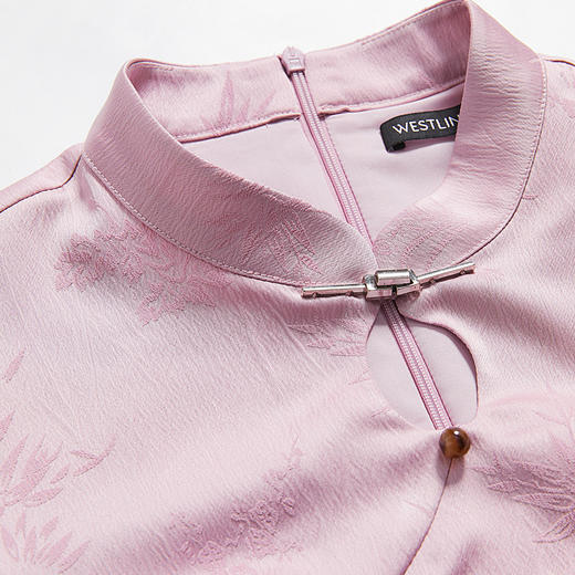 新中式国风长袖旗袍领连衣裙新款复古抽褶显瘦长裙V0340109 商品图5