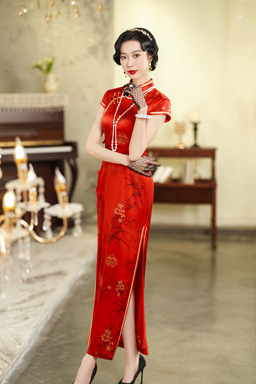 改良年轻款订婚礼服高考中考旗开得胜订珠盘扣印花旗袍裙 9522200043 商品图2