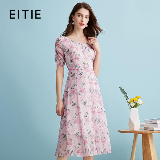 EITIE爱特爱气质鸡心领高腰显瘦通勤印花时尚a字连衣裙夏季新款B2407318 商品图0