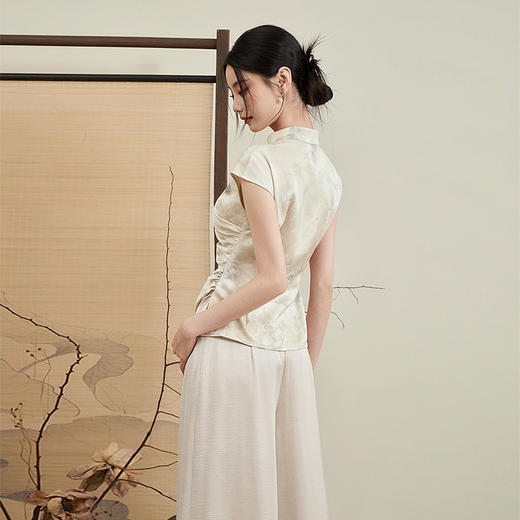 新中式国风不规则开襟珠扣短袖衬衫新款古典温婉衬衣V0440186 商品图4