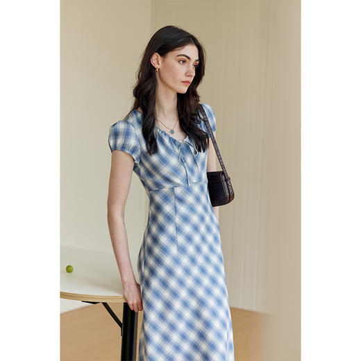 HeyDress格纹连衣裙女夏季法式V领系带收腰设计垂感田园气质裙子 商品图2