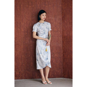 HeyDress新中式改良旗袍裙女夏季蓝色晕染印花收腰显瘦设计连衣裙