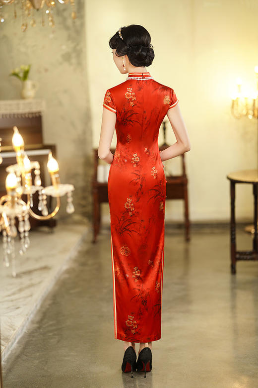 改良年轻款订婚礼服高考中考旗开得胜订珠盘扣印花旗袍裙 9522200043 商品图1