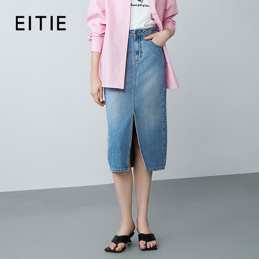 EITIE爱特爱夏季新款时尚经典高腰开叉显瘦通勤牛仔半身裙7806501 商品图0