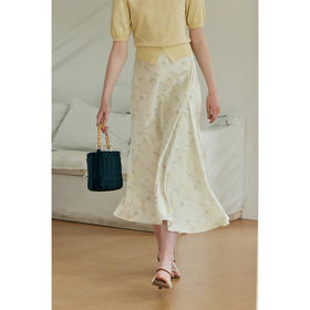 HeyDress黄色印花半身裙女夏季法式浪漫缎面半裙高级气质垂感裙子