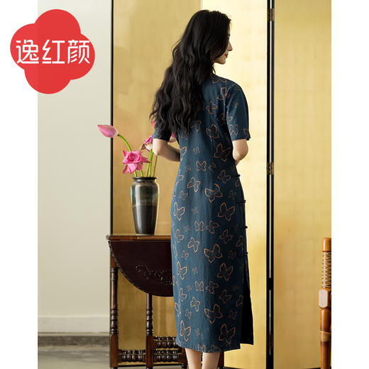 逸红颜蓝碟香云纱真丝旗袍改良版连衣裙女高贵大气短袖斜襟旗袍 商品图4