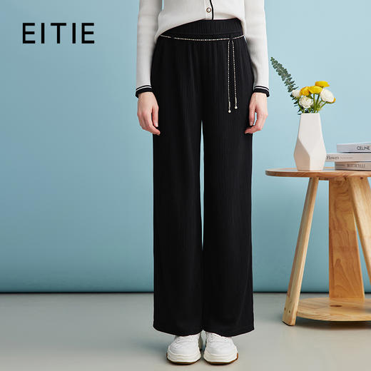 EITIE爱特爱通勤高腰显瘦直筒垂坠黑色松紧腰长裤24夏季新款B2405306 商品图0
