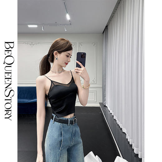 BeQueenStory【墨色生香】16姆米弹力真丝缎自带胸垫性感网纱吊带 商品图0