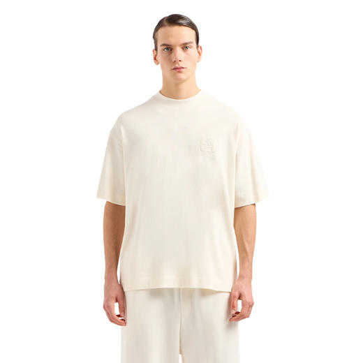 EMPORIO ARMANI 阿玛尼 男士徽标刺绣超大号厚重平纹针织圆领短袖T恤 米色 3D1TD5 1J0EZ 0128 商品图1