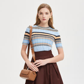 PF6A1斯尔丽夏季新品丝质条纹常规款宽松中袖针织衫