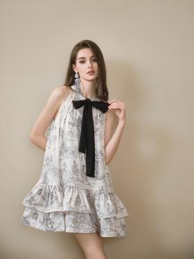 白色洛神赋手绘印花泡泡纱A型连衣裙