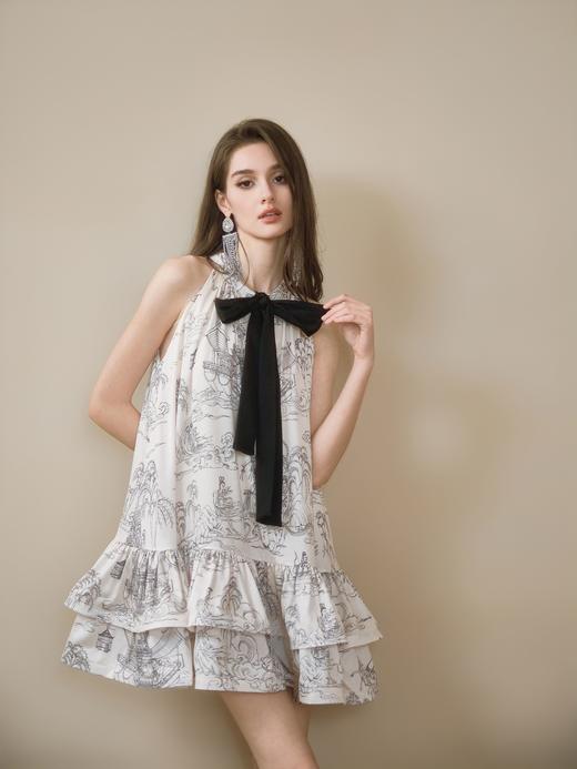 白色洛神赋手绘印花泡泡纱A型连衣裙 商品图0