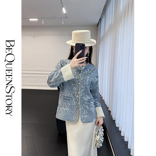 【孤品样衣，不退不换】 【火树银花】新中式重工国风亮片高级感圆领牛仔外套 商品图3