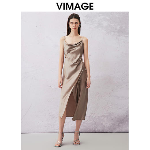VIMAGE纬漫纪夏季新款气质慵懒荡领系带围裹开叉醋纤吊带连衣裙V2107720 商品图0