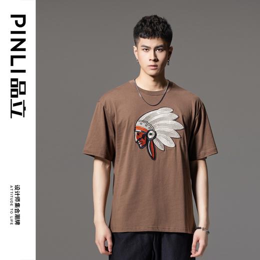 PINLI品立夏季新款印第安人贴布绣圆领短袖T恤男BG242111030 商品图0