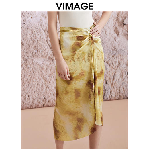 VIMAGE纬漫纪夏季新款中式国风系带提褶晕染印花过膝半身裙V2106718 商品图3