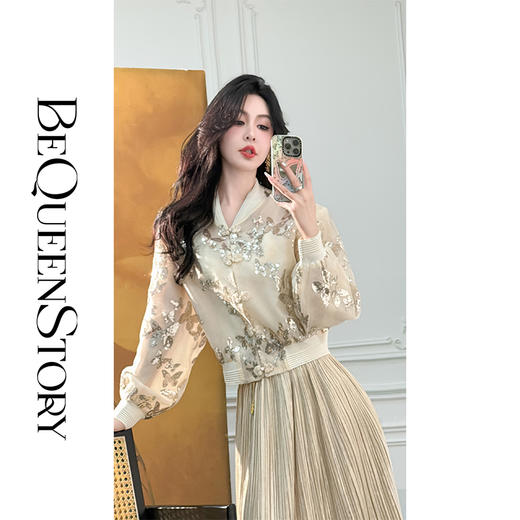 BeQueenStory【春风折扇】轻奢时尚烫金面料收腰显瘦百搭垂感半身裙 商品图3