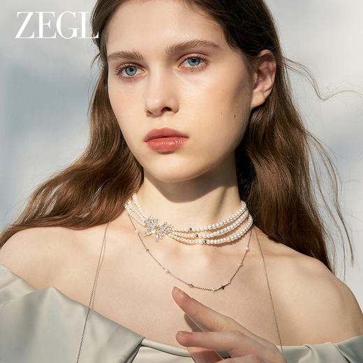 ZEGL设计师绿野漫迹系列925银人造珍珠项链女蝴蝶颈链锁骨链长链 商品图1