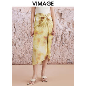 VIMAGE纬漫纪夏季新款中式国风系带提褶晕染印花过膝半身裙V2106718