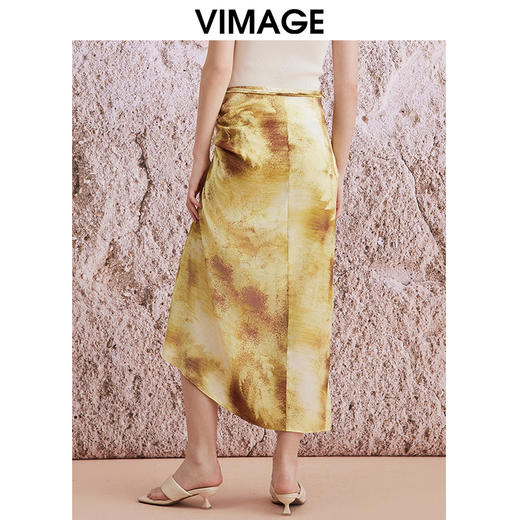 VIMAGE纬漫纪夏季新款中式国风系带提褶晕染印花过膝半身裙V2106718 商品图4