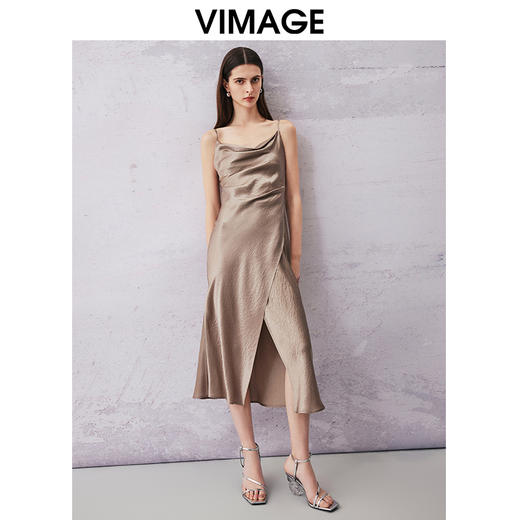 VIMAGE纬漫纪夏季新款气质慵懒荡领系带围裹开叉醋纤吊带连衣裙V2107720 商品图3