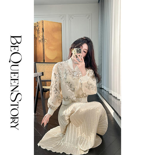 BeQueenStory【春风折扇】轻奢时尚烫金面料收腰显瘦百搭垂感半身裙 商品图2