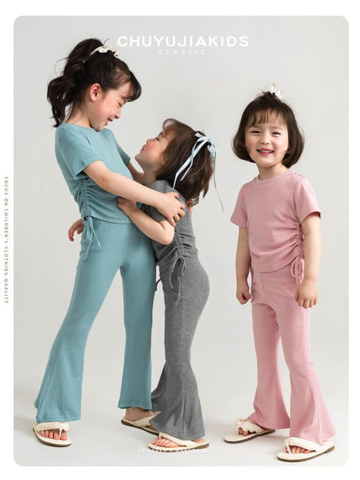 【超舒适！韩版女童短袖套装】夏季装2024新款宝宝喇叭裤子超薄款休闲两件套潮 商品图0