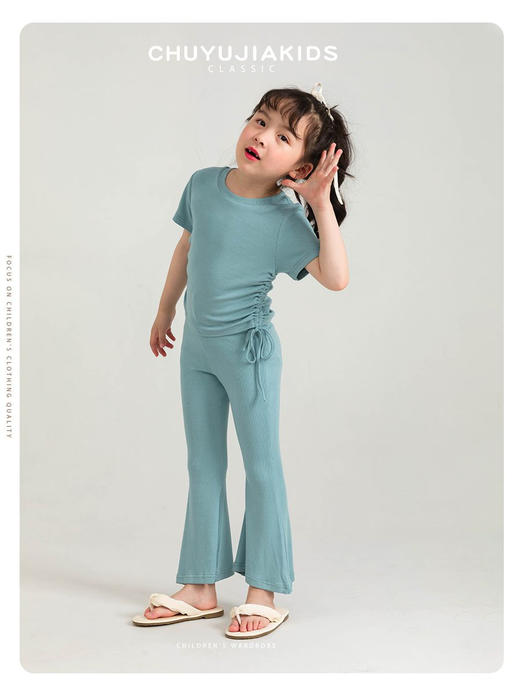 【超舒适！韩版女童短袖套装】夏季装2024新款宝宝喇叭裤子超薄款休闲两件套潮 商品图2